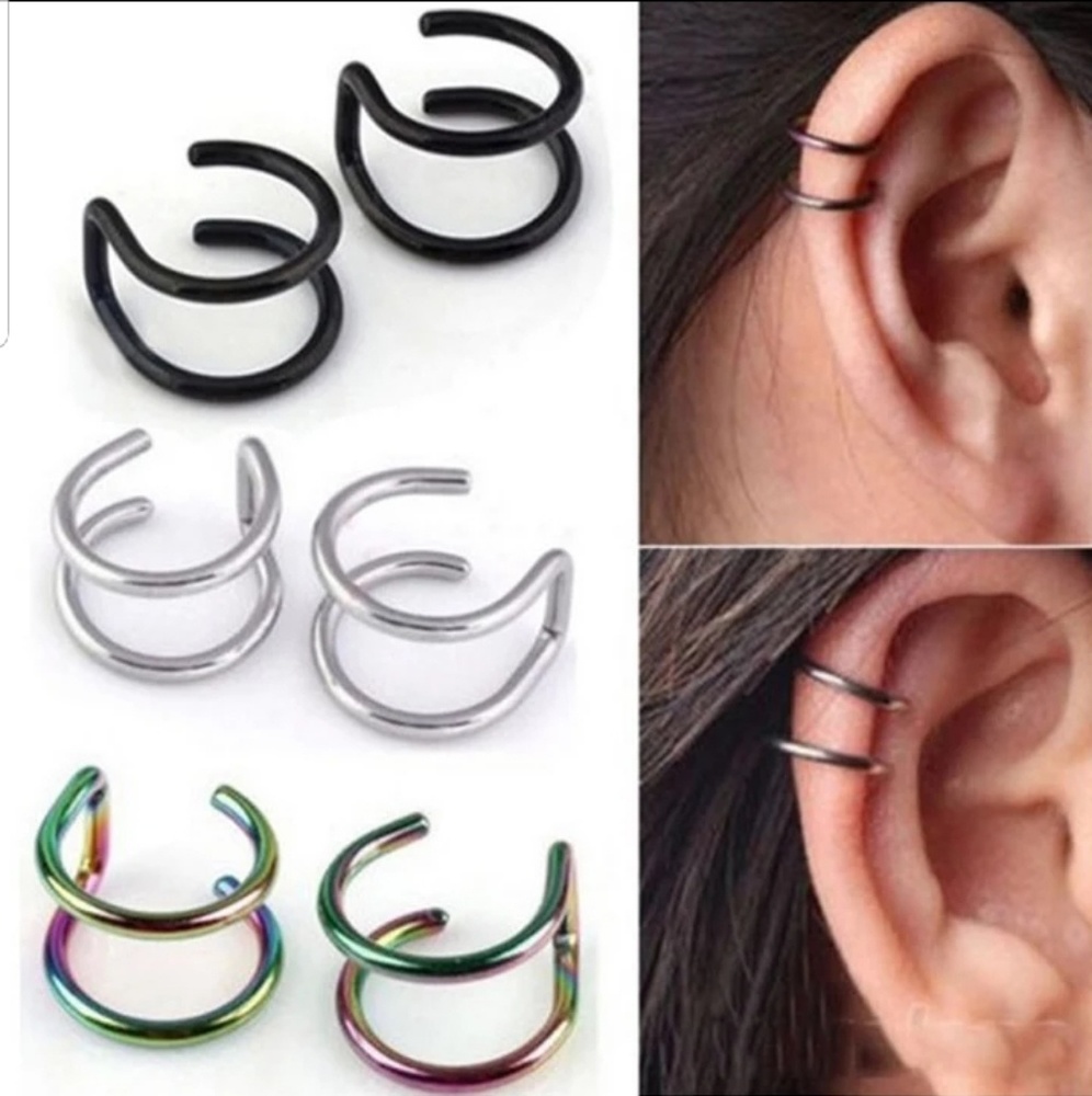 Pair of Double Ear Cuff Clip Earnings Silver Color - Picture 6 of 7